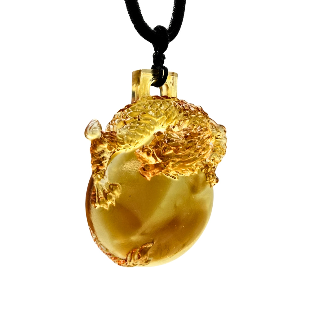 LIULI Crystal Necklace, Dragon Pendant | The Sun Shines on the Dragon Within (Dark amber/ light amber)