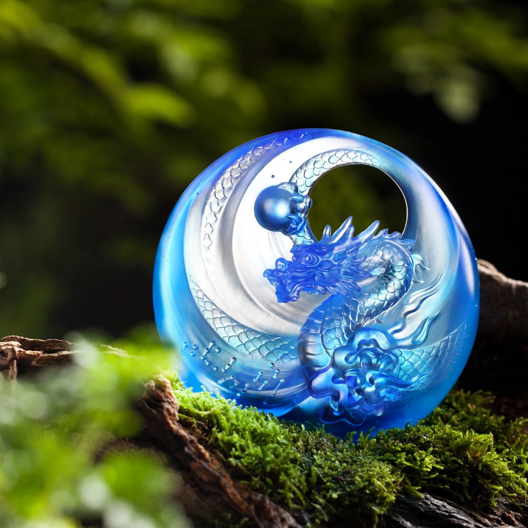 LIULI Crystal Art, Mythical Creature-Azure Dragon, Brilliant Sun - Rise