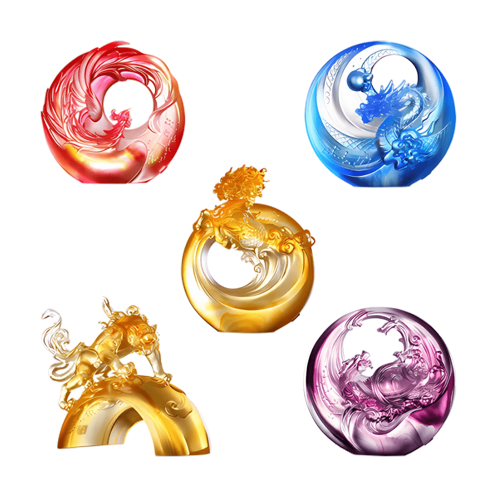 LIULI Crystal Art, Mythical Creature, Set of 5, Dragon, Vermillion Bird, Qilin, Tiger, Tortoise