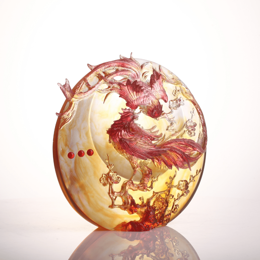 LIULI Crystal Art, Phoenix and Plum Blossom Sculpture | Beauty Birthed from Harmony