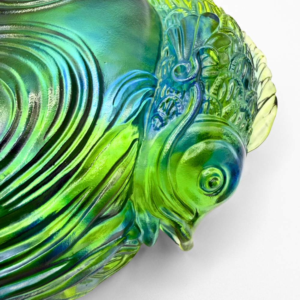 LIULI Crystal Paperweight, Fish Figurine | Rows of Joy (Bluish/ Green Clear)