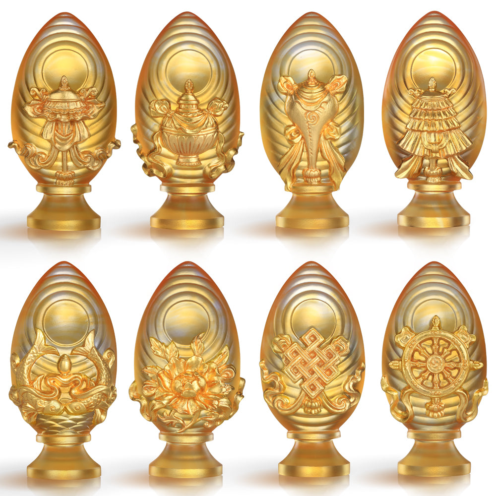 Crystal Feng Shui, Good Fortune & Wealth, Eight Auspicious Offerings, Implement Auspiciousness, The Rest Will Follow (Set of 8, 24K Gilded) - LIULI Crystal Art