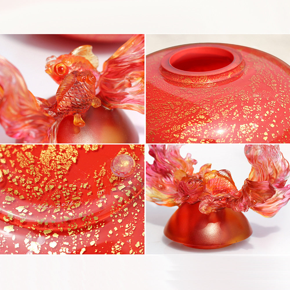 Crystal Treasure Vase, Goldfish, A Vase of Riches-Golden Jade Joy - LIULI Crystal Art