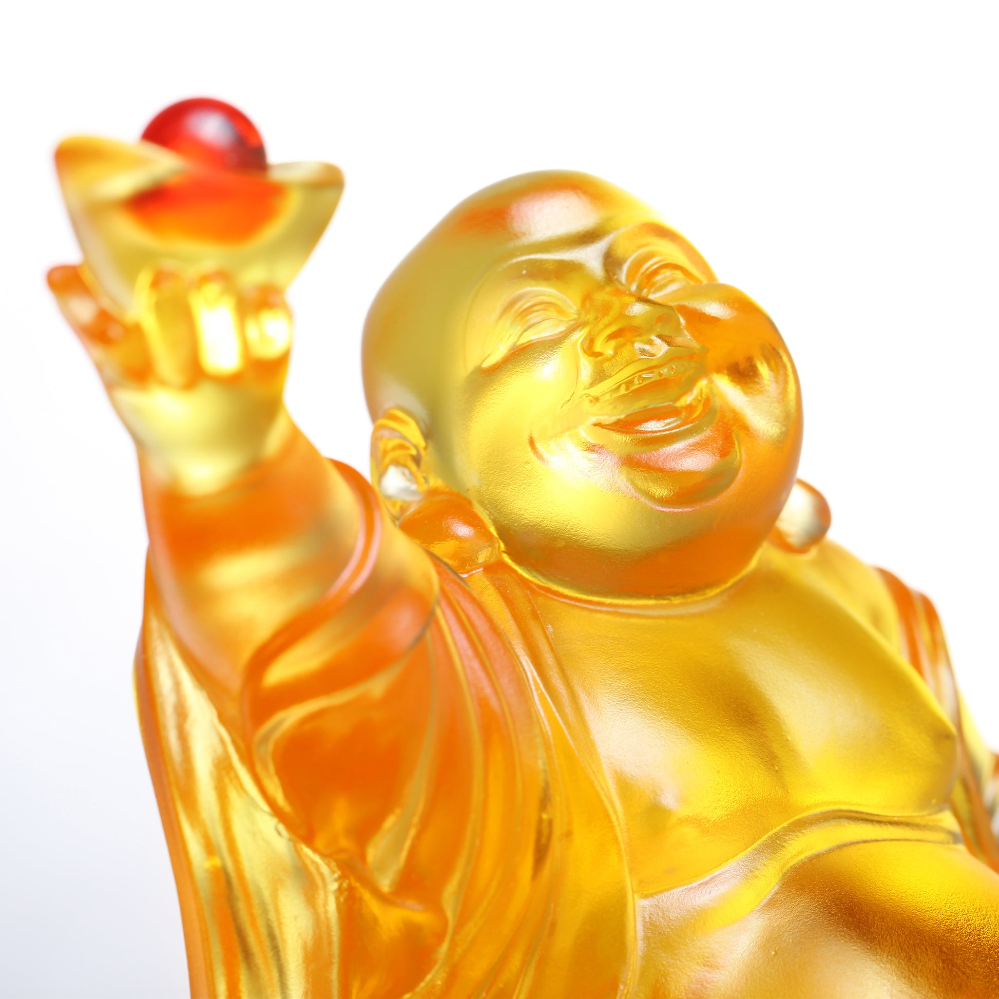 LIULI Crystal Sculpture Happy Laughing Buddha, Golden Ingot - LIULI Crystal Art