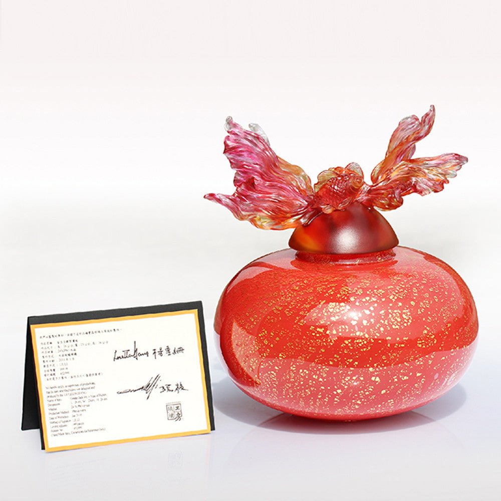 Crystal Treasure Vase, Goldfish, A Vase of Riches-Golden Jade Joy - LIULI Crystal Art