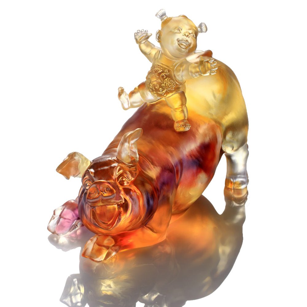 Crystal Animal, Baby Doll Riding Pig, Happy Together - LIULI Crystal Art