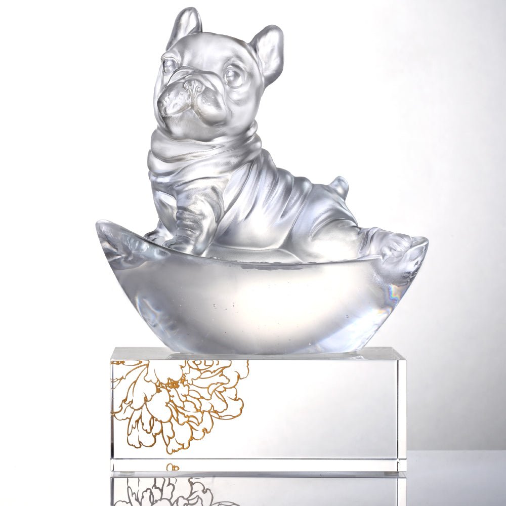 Crystal Animal, Dog, - Heads Up! (Exclusive U.S. Edition with Gilded Peony Display Base) - LIULI Crystal Art