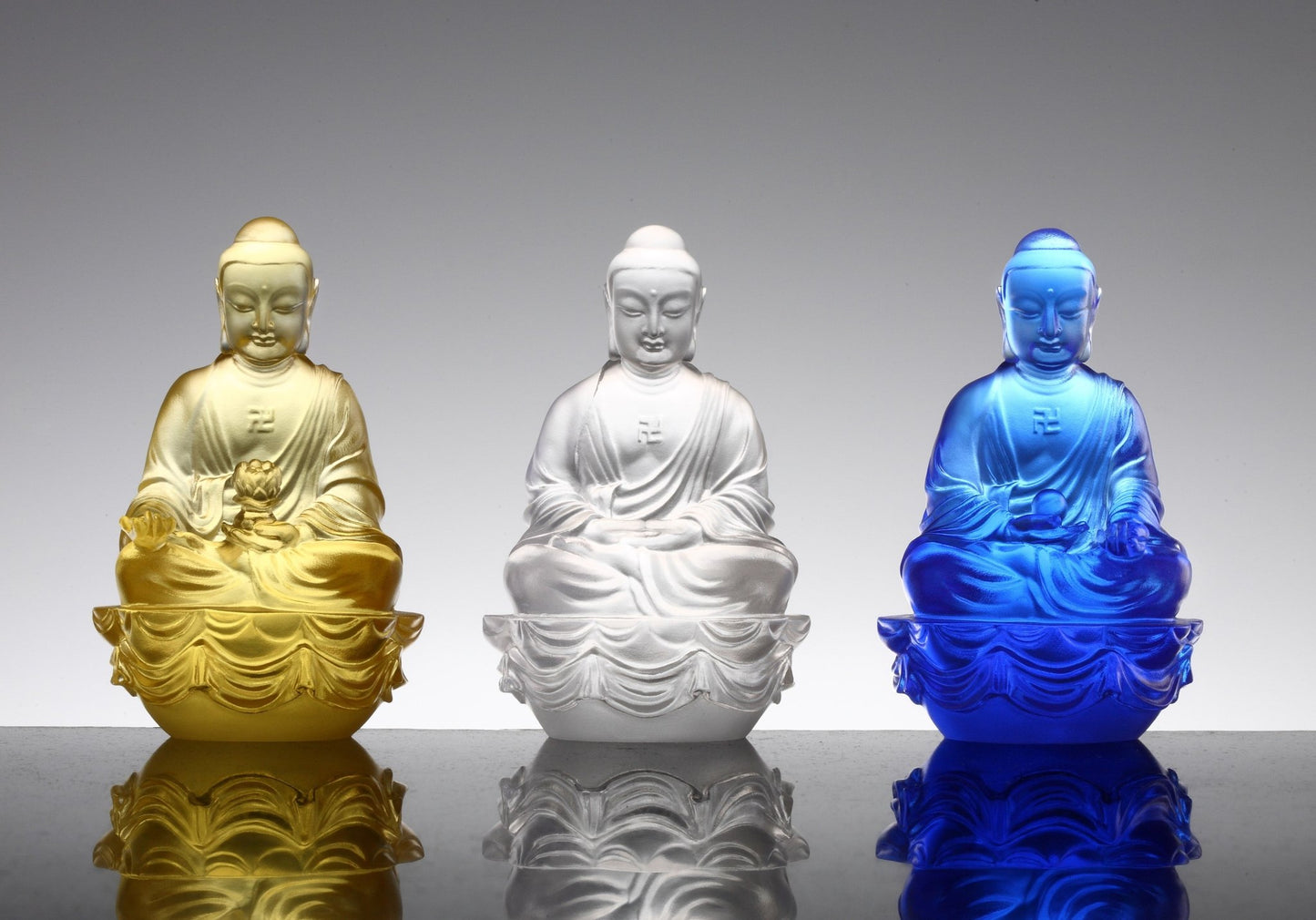Crystal Buddha, Amitabha, Shakyamuni, Medicine, Guardians of Peace (Set of 3)