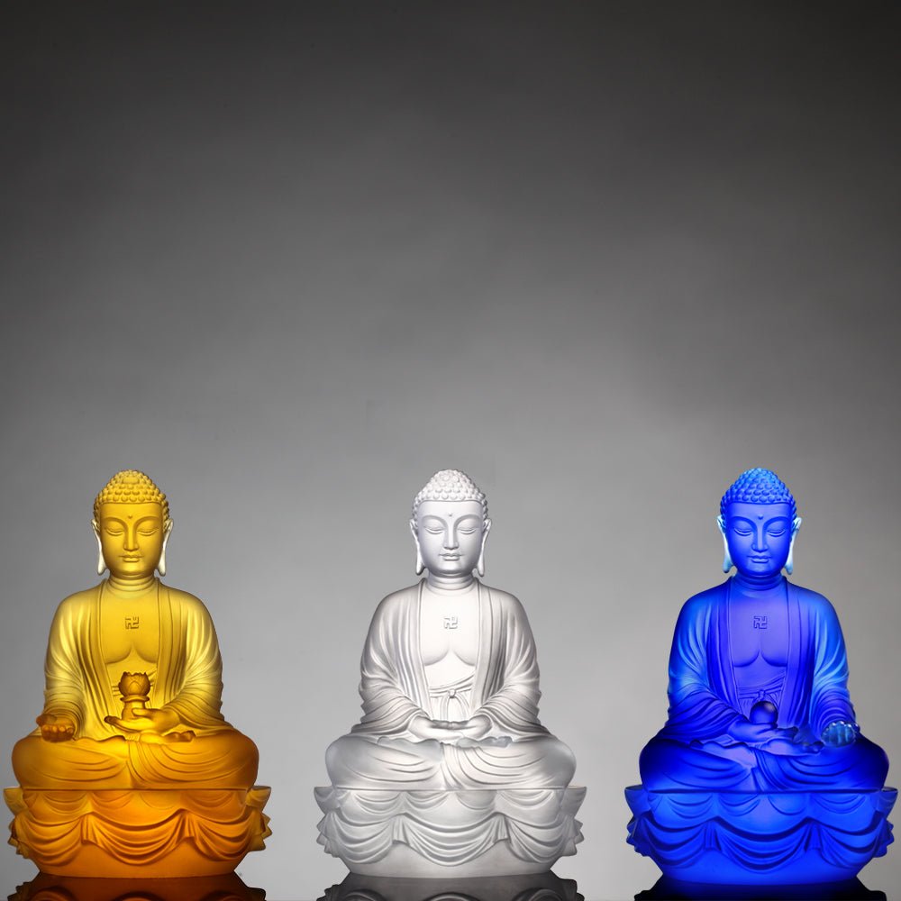 Crystal Buddha, Amitabha, Shakyamuni, Medicine, Present Mindfulness (Set of 3) - LIULI Crystal Art