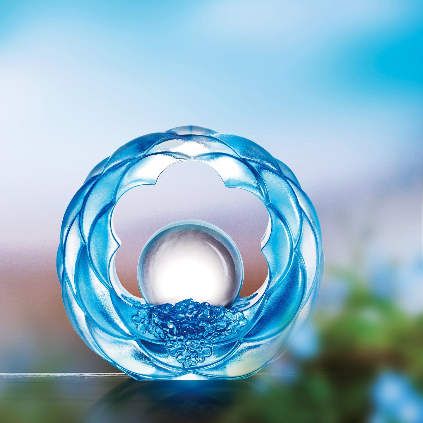 Crystal Desk Decor, Floral, Feng Shui, As The Good World Turns - Floral Turning of Ruyi - LIULI Crystal Art