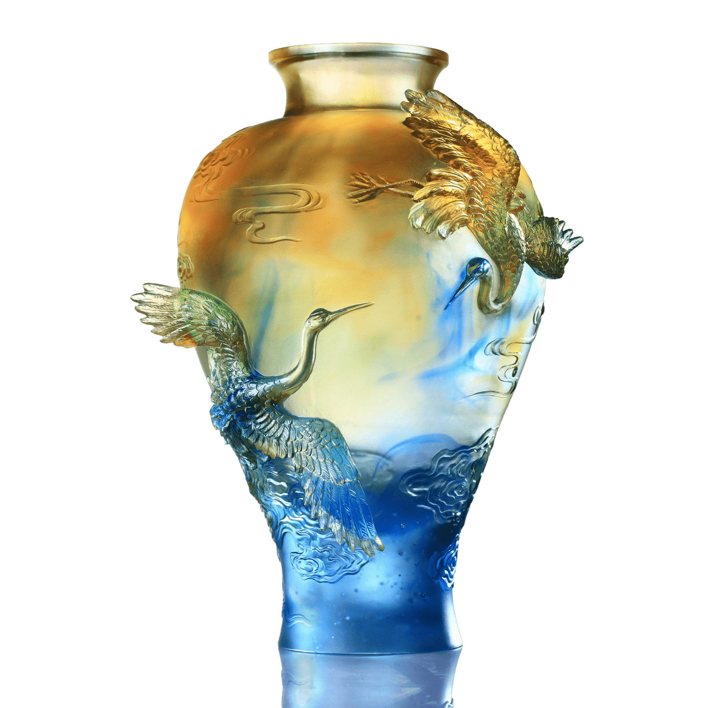 Crystal Floral Vase, Crane, Flight of Legacy - LIULI Crystal Art