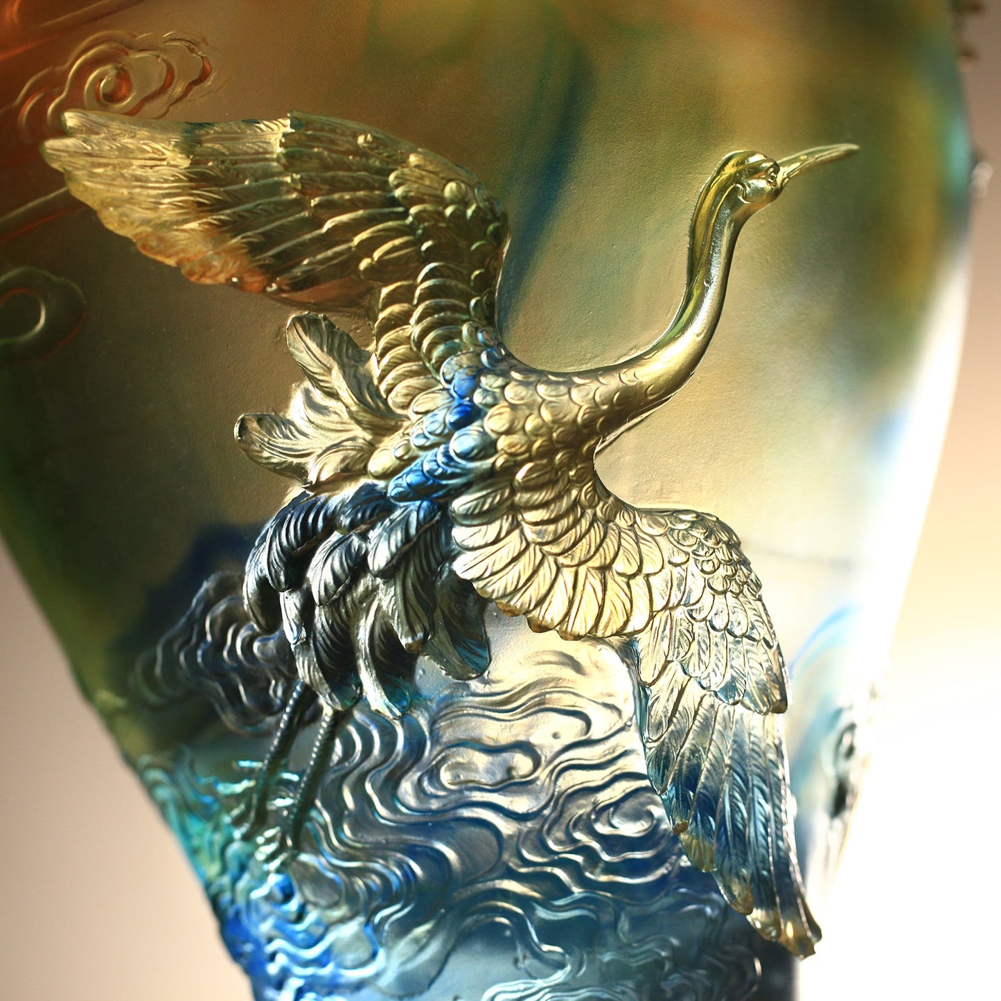 Crystal Floral Vase, Crane, Flight of Legacy - LIULI Crystal Art