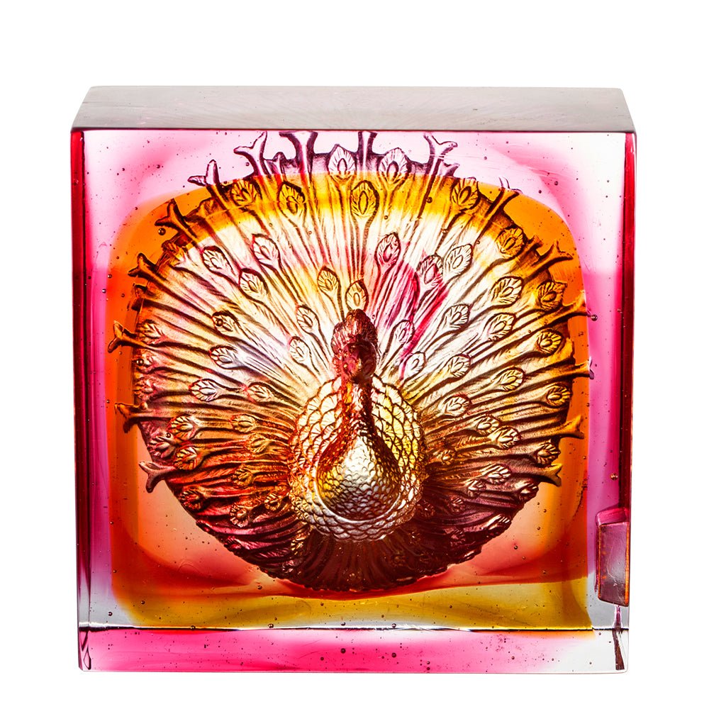 Crystal Paperweight, Peacock, A Radiant Heart - LIULI Crystal Art