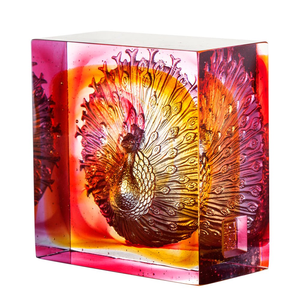 Crystal Paperweight, Peacock, A Radiant Heart - LIULI Crystal Art
