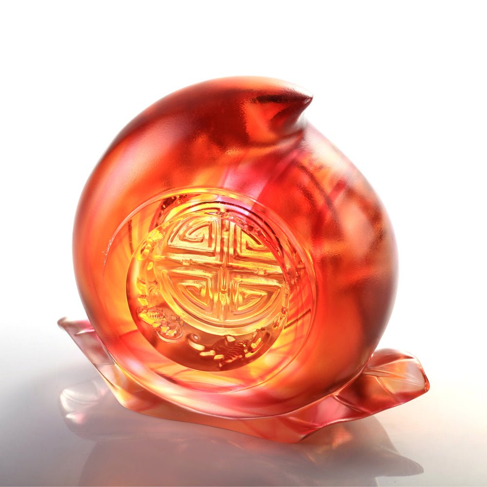 Crystal Peach Figurine, A Good Day, A Good Year, A Good Life - LIULI Crystal Art