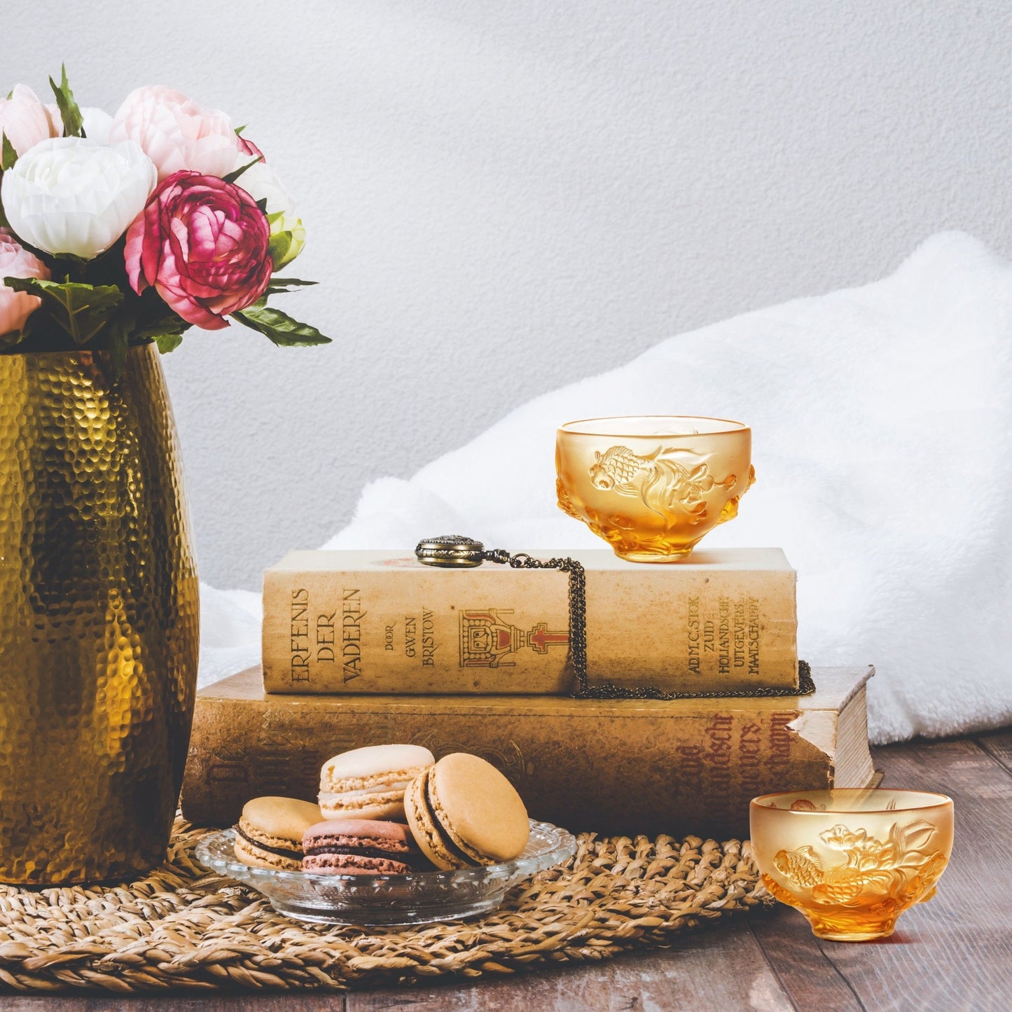 LIULI Crystal Goldfish Bowl, Peony Chopsticks Set, The Joy of Fish - LIULI Crystal Art