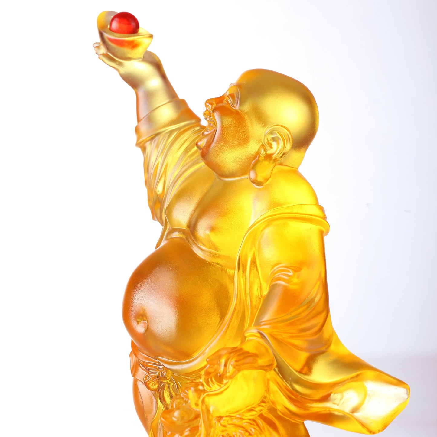 LIULI Crystal Sculpture Happy Laughing Buddha, Golden Ingot - LIULI Crystal Art