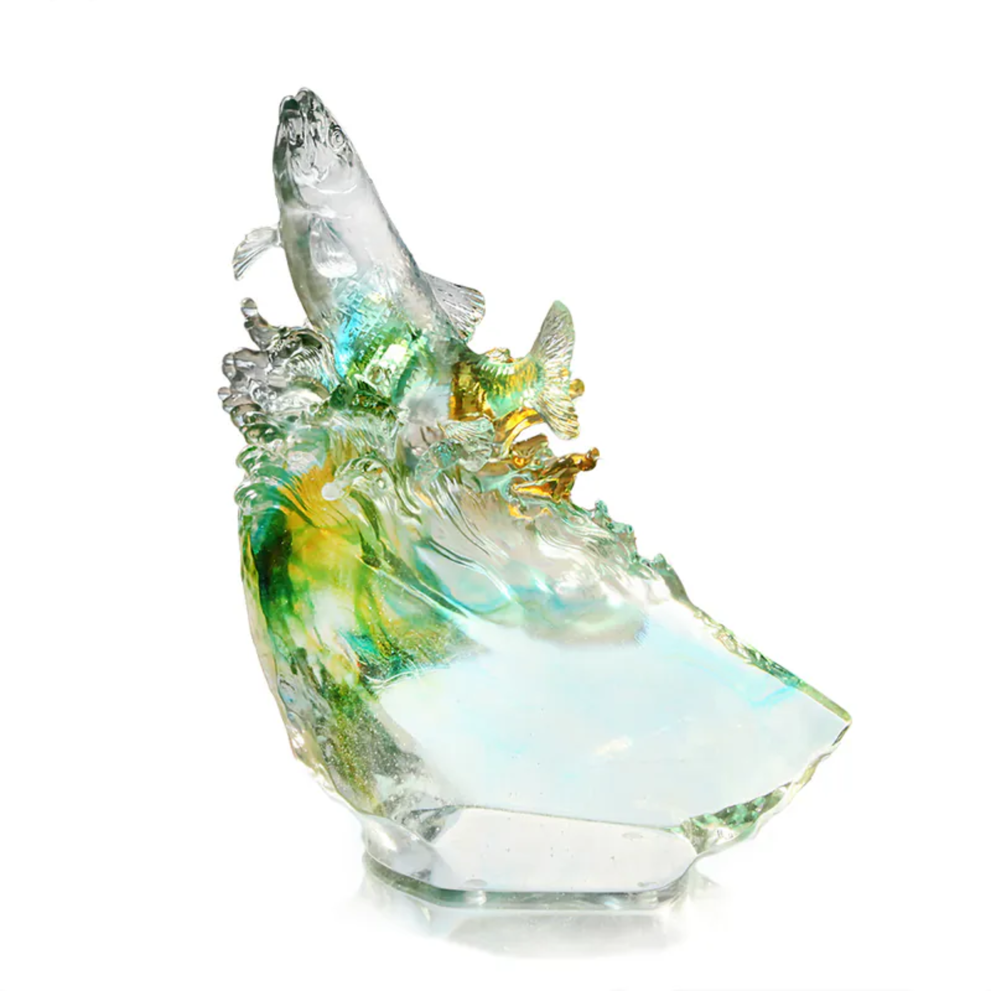 LIULI Crystal, Ocean Wave, Fish Sculpture | Rising From the Glacier (Amber / blue clear)