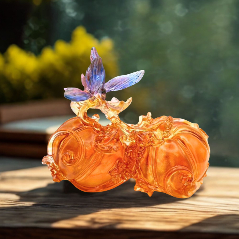 LIULI Crystal, Butterfly and Pumpkin Sculpture | Fruits of Prosperity (Dark amber / light amber)