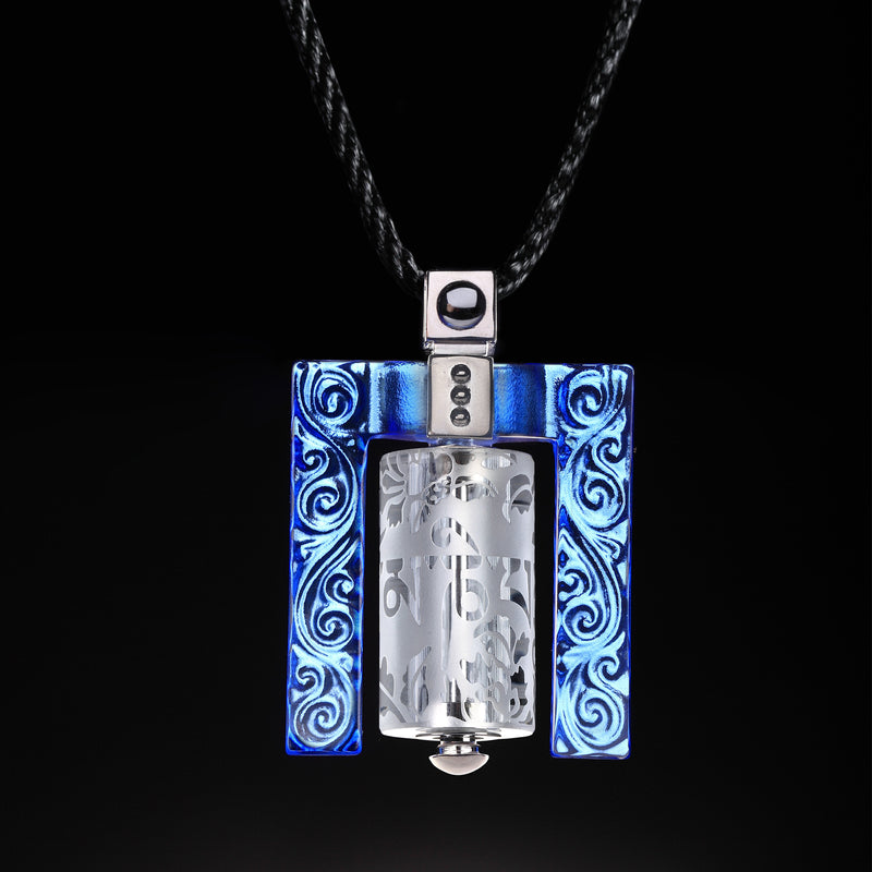 Crystal Necklace, Pendant, LIULI Prayer Wheel, Eternal Cycle of Compassion (Framed)