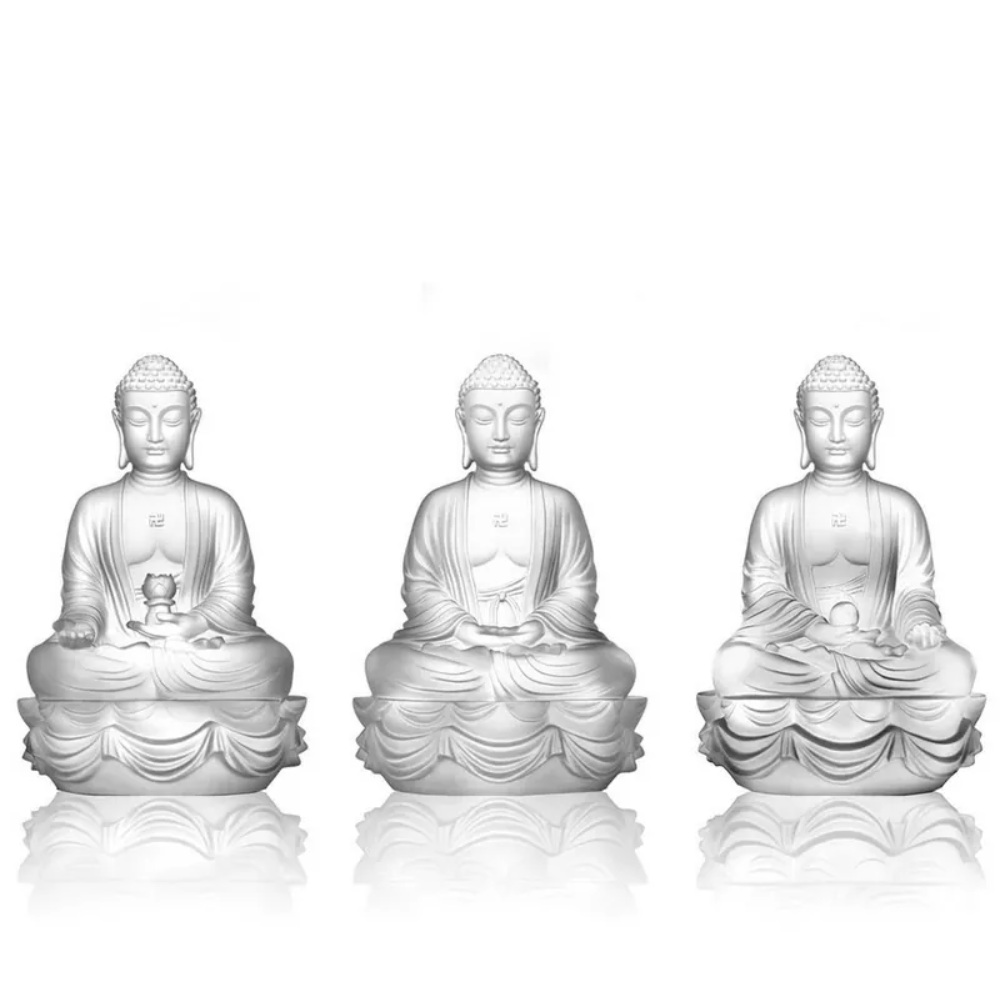 Crystal Buddha, Amitabha, Shakyamuni, Medicine, Present Mindfulness - Set of 3 (Powder white)
