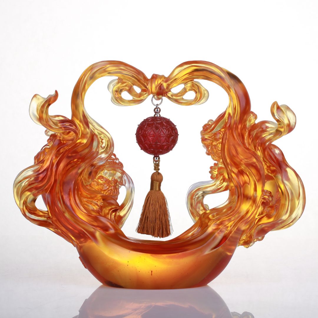 Foo Dog, Chinese Guardian Lion, Crystal Sculpture, Embroidered Lion Dance