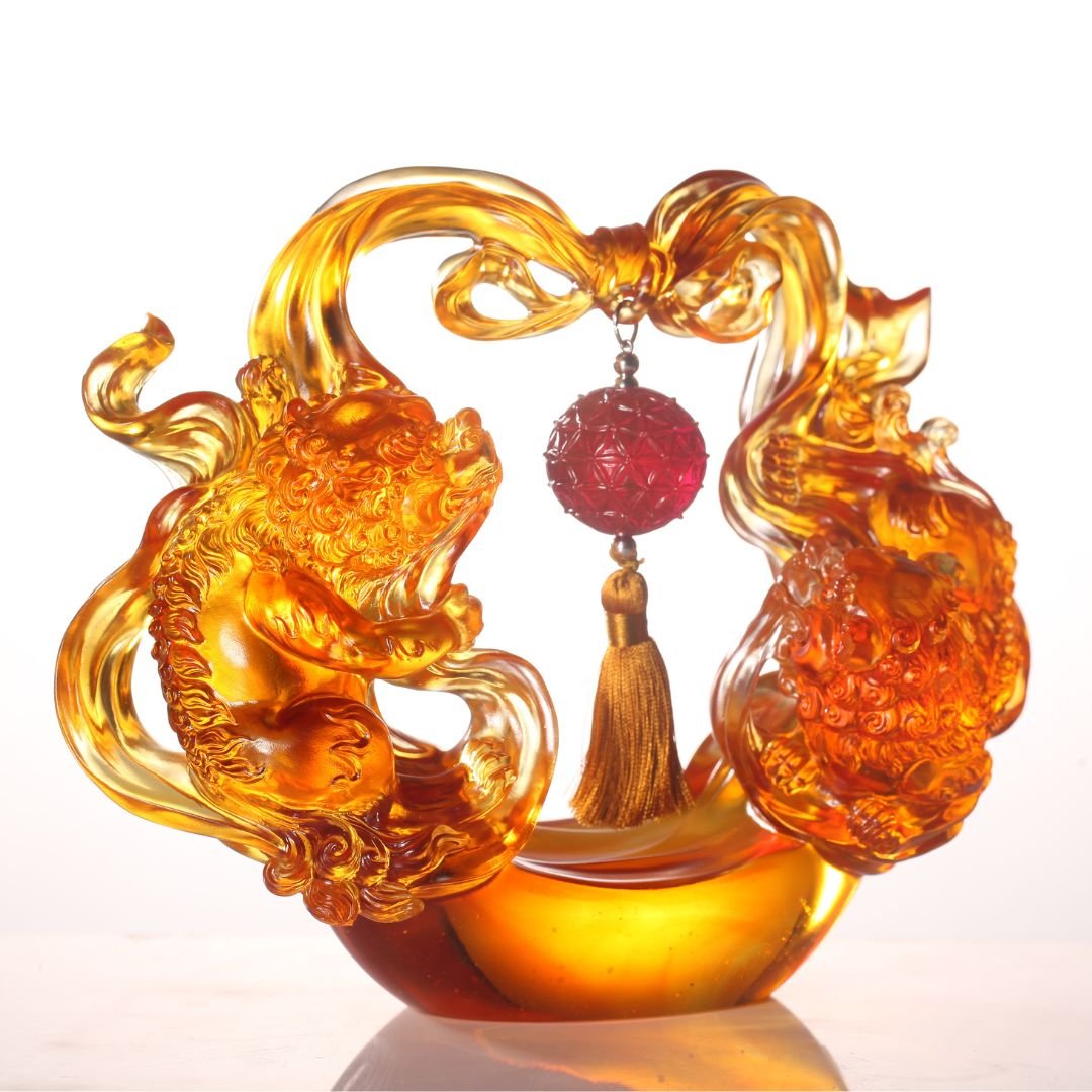 Foo Dog, Chinese Guardian Lion, Crystal Sculpture, Embroidered Lion Dance