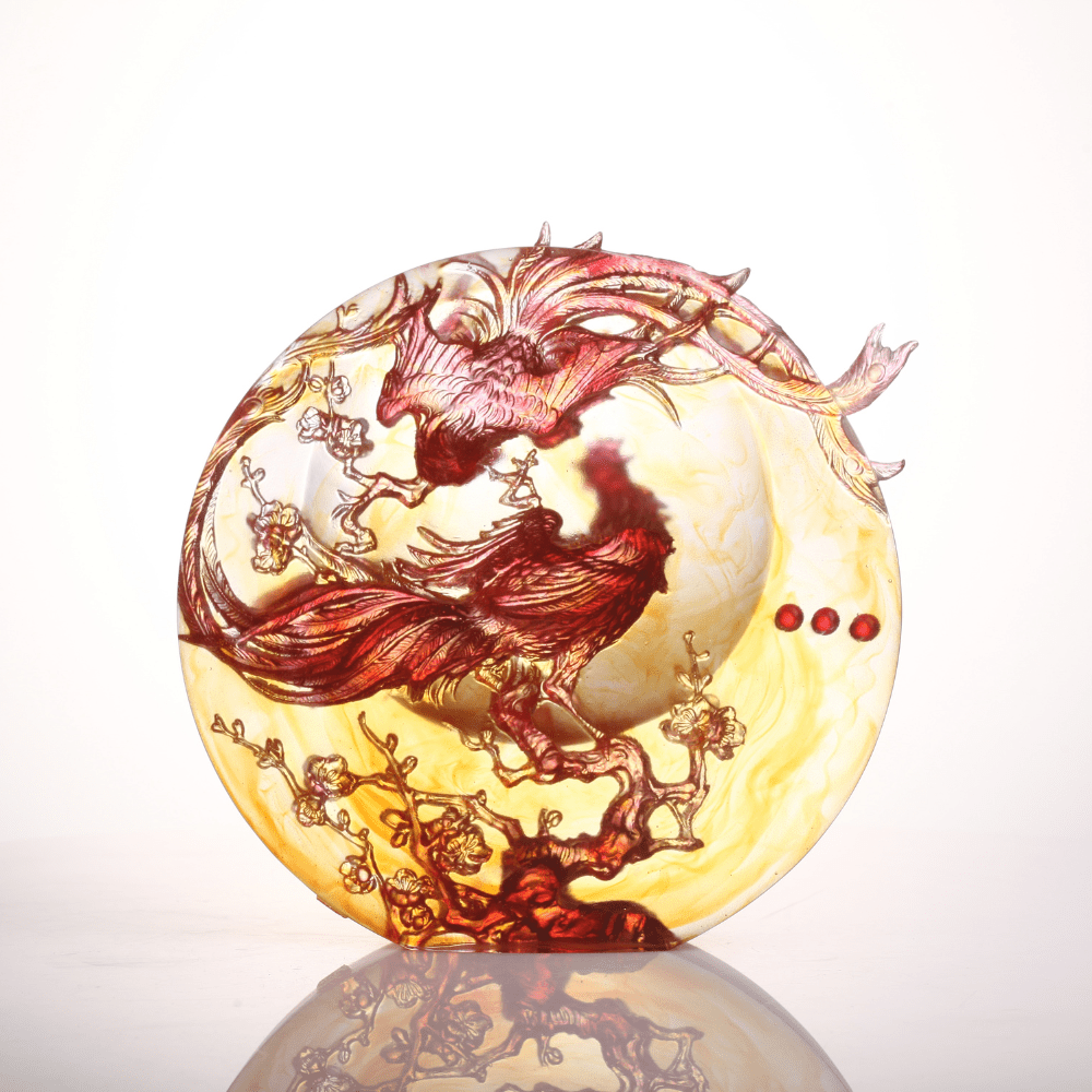 LIULI Crystal Art, Phoenix and Plum Blossom Sculpture | Beauty Birthed from Harmony