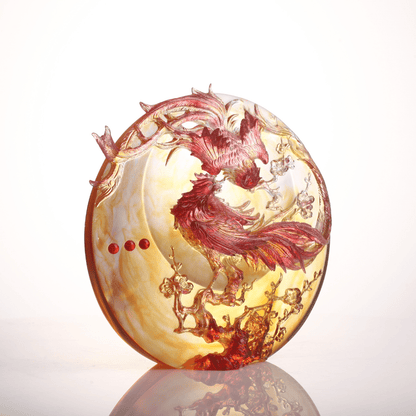 LIULI Crystal Art, Phoenix and Plum Blossom Sculpture | Beauty Birthed from Harmony