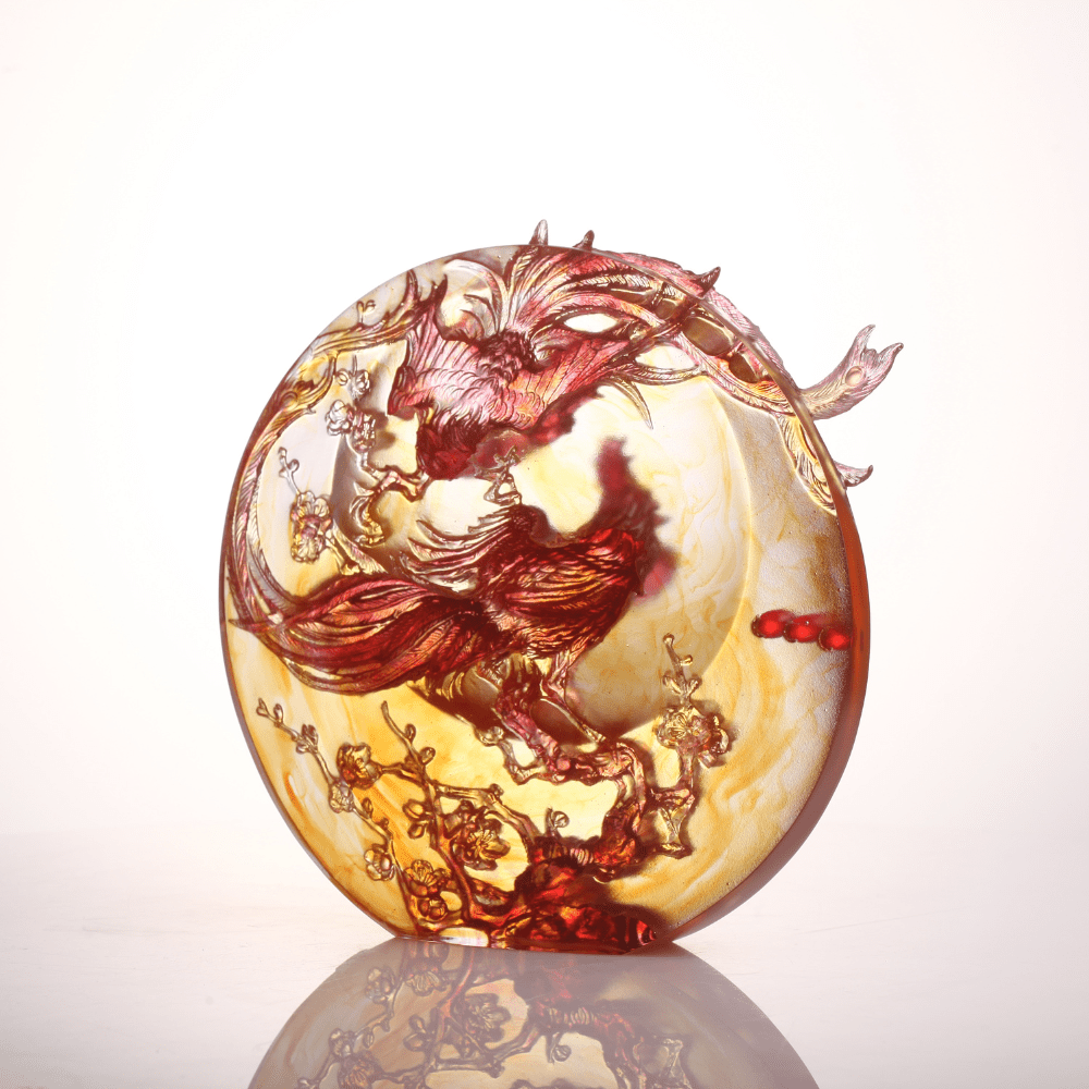 LIULI Crystal Art, Phoenix and Plum Blossom Sculpture | Beauty Birthed from Harmony
