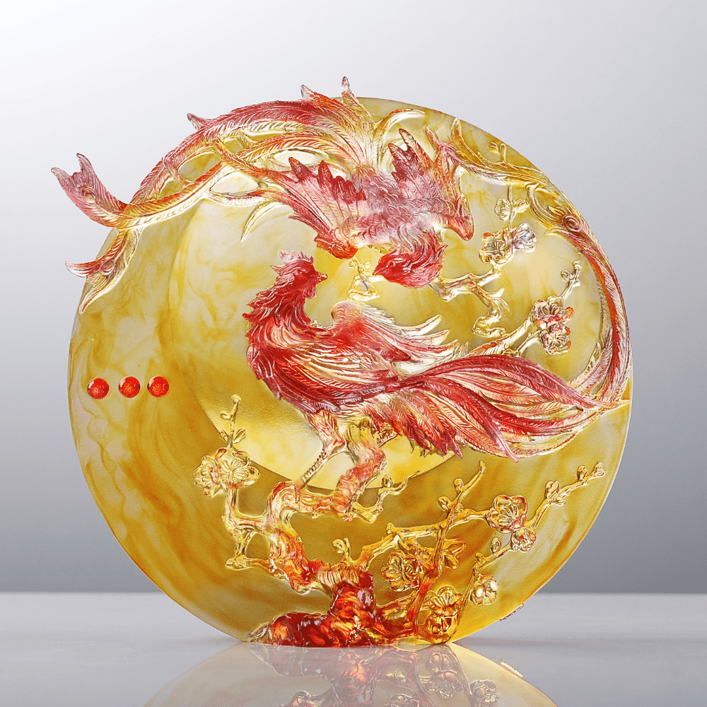 LIULI Crystal Art, Phoenix and Plum Blossom Sculpture | Beauty Birthed from Harmony