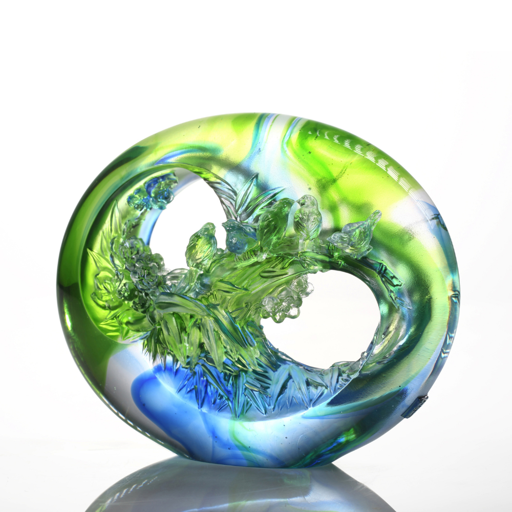 LIULI Crystal, Bamboo and Plum Blossom, Birds Sculpture, Tai Chi Series | A Match Made in Heaven