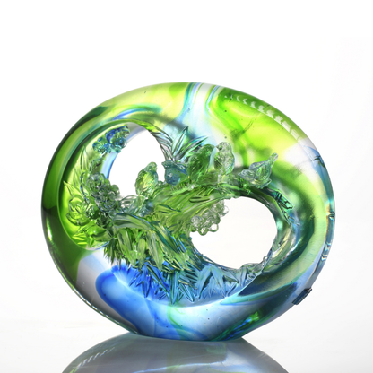 LIULI Crystal, Bamboo and Plum Blossom, Birds Sculpture, Tai Chi Series | A Match Made in Heaven