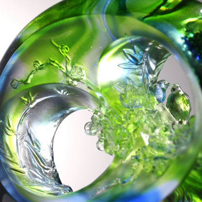 LIULI Crystal, Bamboo and Plum Blossom, Birds Sculpture, Tai Chi Series | A Match Made in Heaven