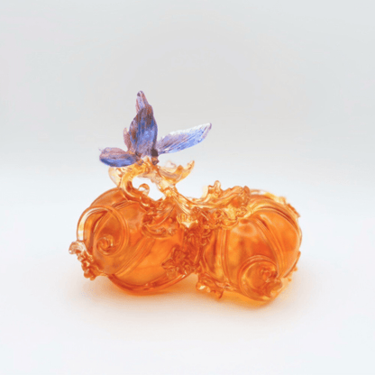 LIULI Crystal, Butterfly and Pumpkin Sculpture | Fruits of Prosperity (Dark amber / light amber)