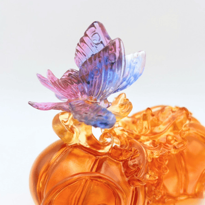 LIULI Crystal, Butterfly and Pumpkin Sculpture | Fruits of Prosperity (Dark amber / light amber)