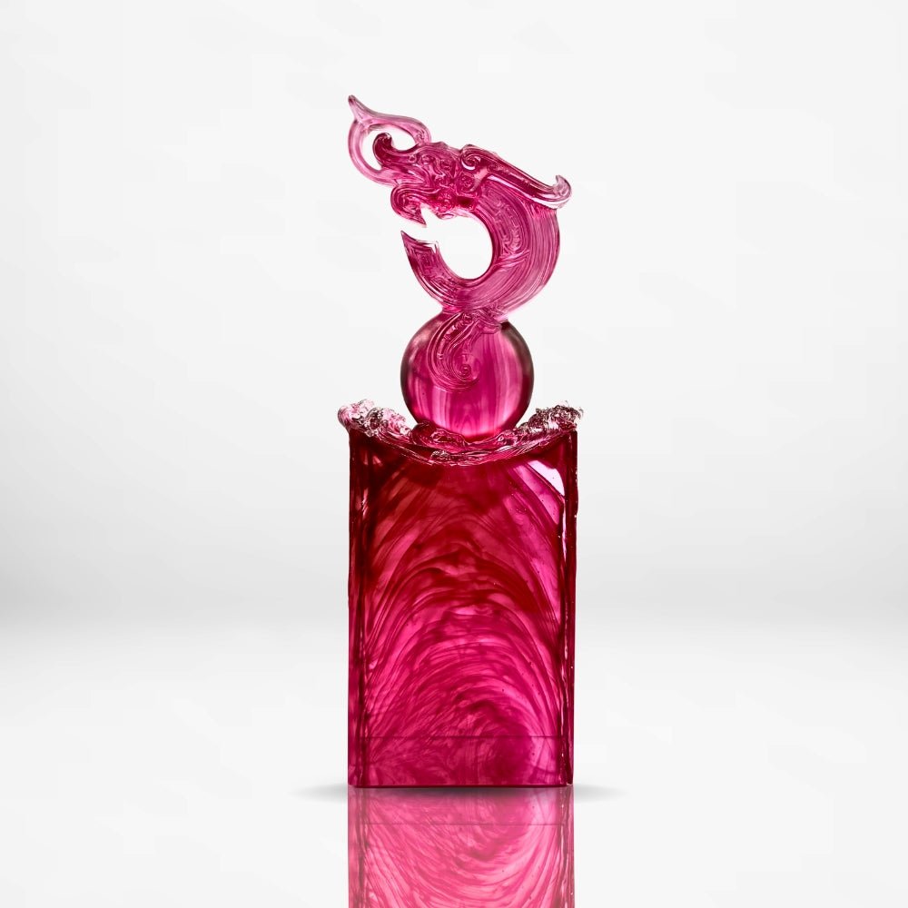 LIULI Crystal, Dragon Sculpture, Ocean wave | Signet of Courage (Gold Red)