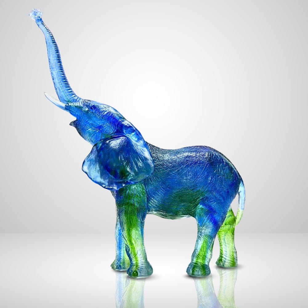LIULI Crystal, Elephant Sculpture | Courage to Catch Dream (Bluish/ Green clear)