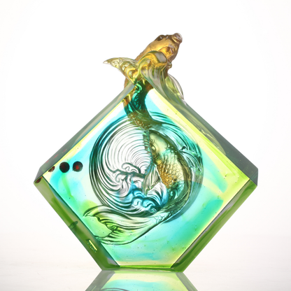 LIULI Crystal, Fishes Sculpture, Koi Fish | Advancing as One to Lofty Heights