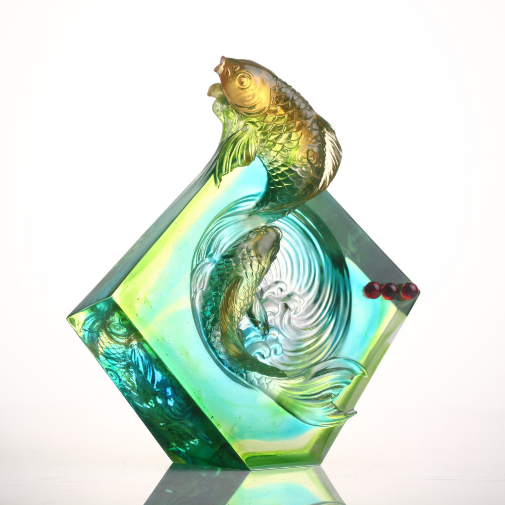 LIULI Crystal, Fishes Sculpture, Koi Fish | Advancing as One to Lofty Heights