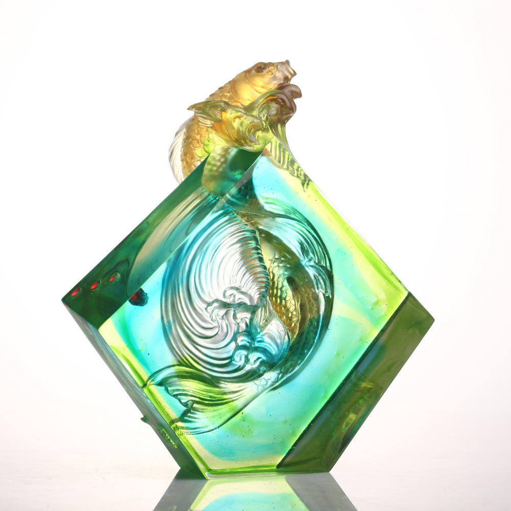 LIULI Crystal, Fishes Sculpture, Koi Fish | Advancing as One to Lofty Heights