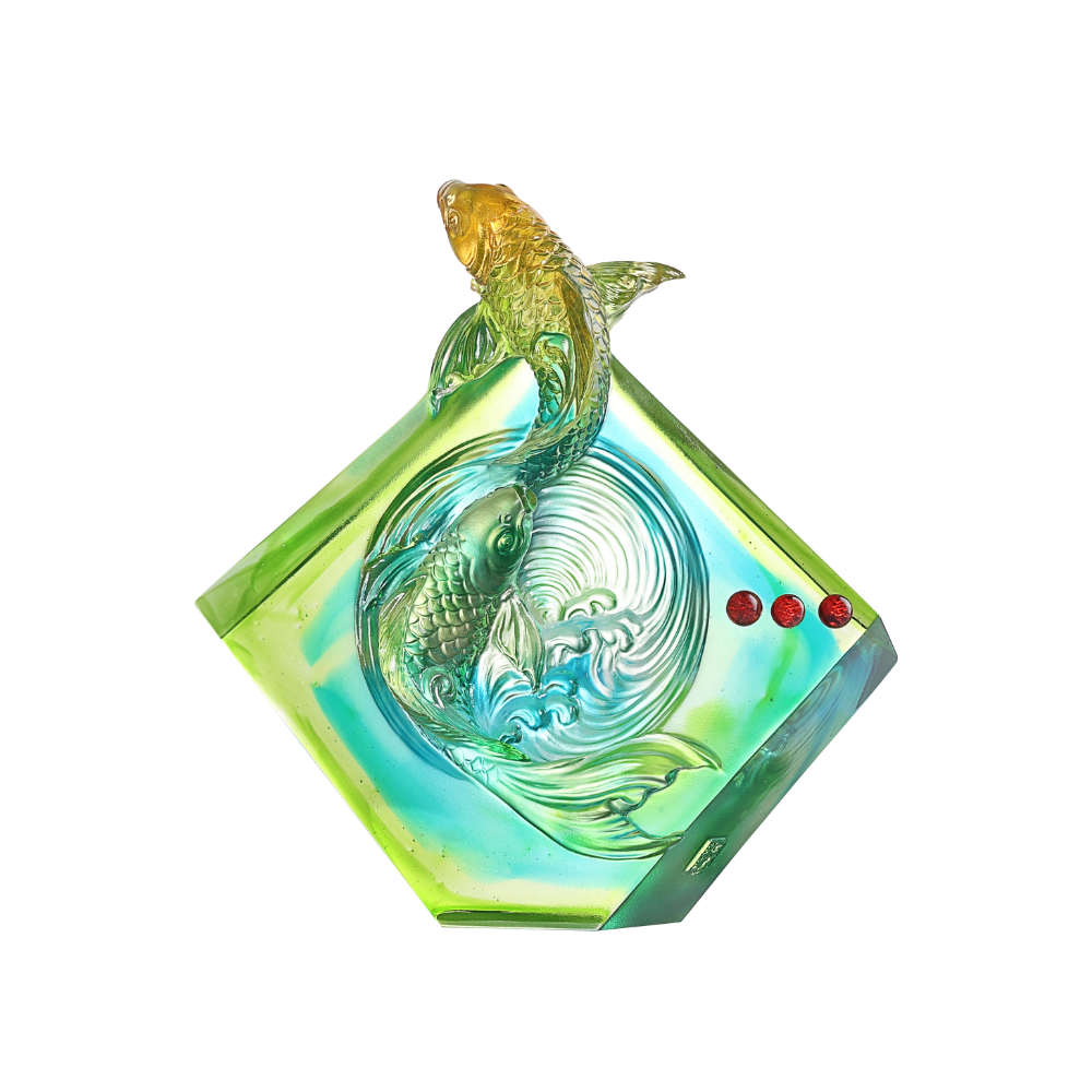 LIULI Crystal, Fishes Sculpture, Koi Fish | Advancing as One to Lofty Heights