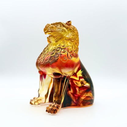LIULI Crystal, Fu Dog, Foo Dog Sculpture, Guardian Lion | Mighty Heavens (Amber/ Gold Red)