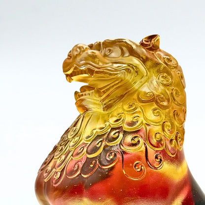 LIULI Crystal, Fu Dog, Foo Dog Sculpture, Guardian Lion | Mighty Heavens (Amber/ Gold Red)