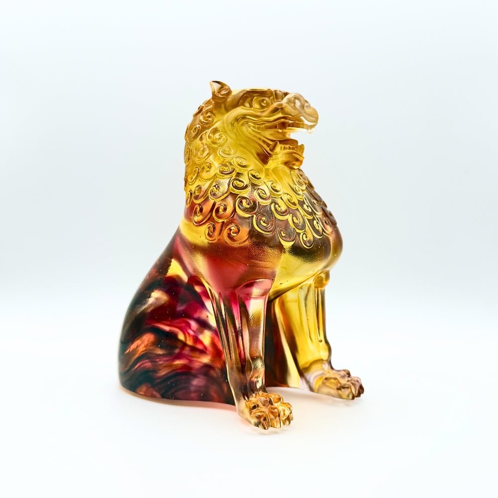 LIULI Crystal, Fu Dog, Foo Dog Sculpture, Guardian Lion | Mighty Heavens (Amber/ Gold Red)