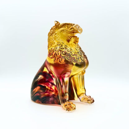 LIULI Crystal, Fu Dog, Foo Dog Sculpture, Guardian Lion | Mighty Heavens (Amber/ Gold Red)