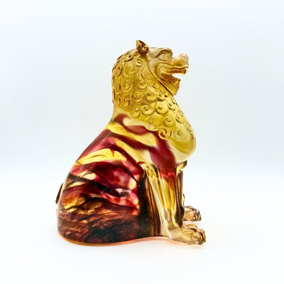 LIULI Crystal, Fu Dog, Foo Dog Sculpture, Guardian Lion | Mighty Heavens (Amber/ Gold Red)