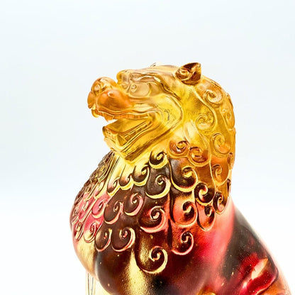 LIULI Crystal, Fu Dog, Foo Dog Sculpture, Guardian Lion | Mighty Heavens (Amber/ Gold Red)