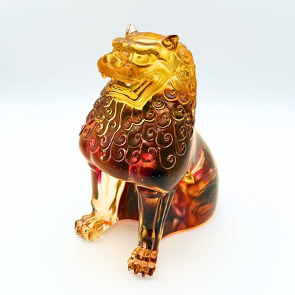 LIULI Crystal, Fu Dog, Foo Dog Sculpture, Guardian Lion | Mighty Heavens (Amber/ Gold Red)