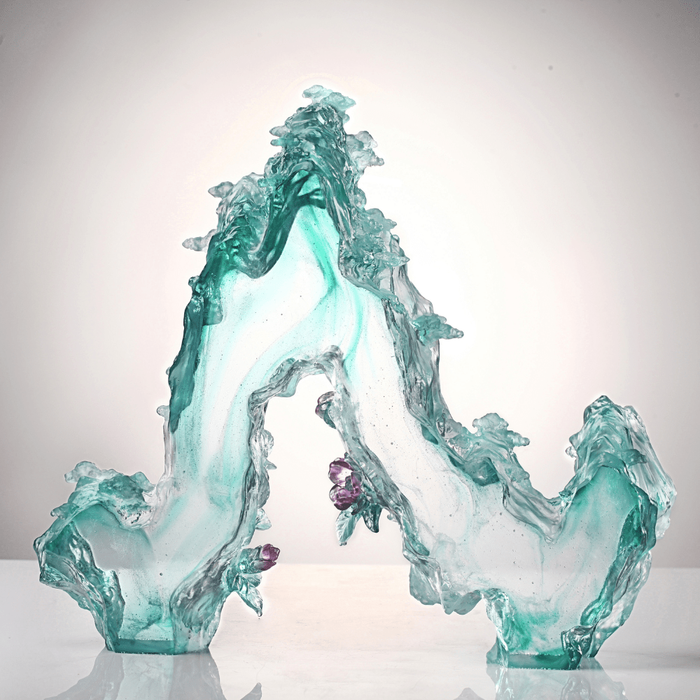 LIULI Crystal, Mountain and Pine Sculpture, Camellia, Tai Chi Series | Evergreen Mountain Spirit